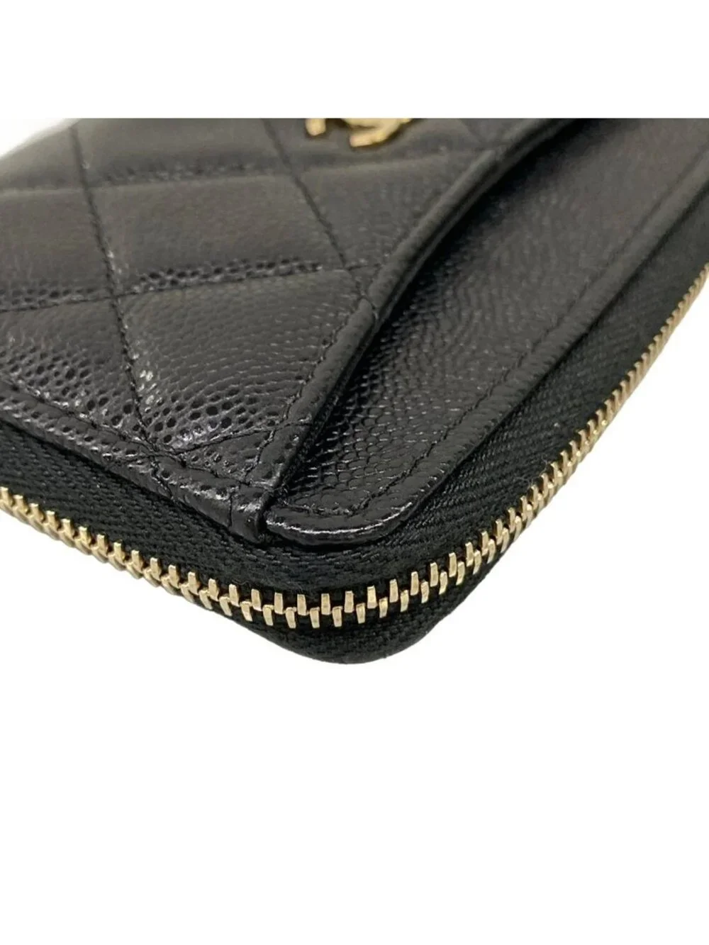 Chanel Coin Purse Classic Zip Card Case Quilted Black Gold CC Logo L-shaped